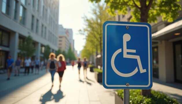 Urban street scene with prominent disability access sign. Pedestrians walk on sidewalk with city buildings and trees in background. Bright sunny day promotes inclusivity and mobility awareness.