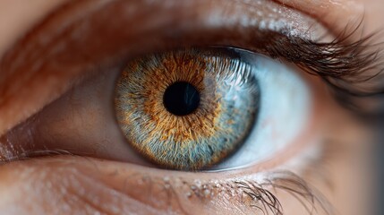 A detailed view of a human eye captures the vibrant colors of the iris and the sharp contrast with the pupil. The natural lighting enhances the texture and hues of the eye.