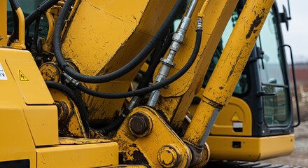 Closeup of a yellow construction vehicle showcasing hydraulic arms pipes and a cabin