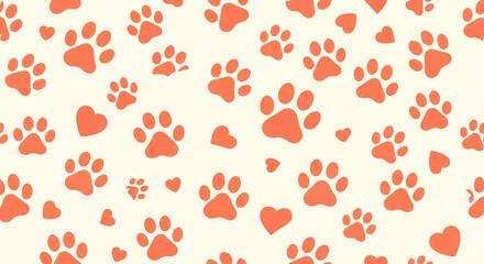 Seamless pattern of orange paw prints and hearts on a cream background, symbolizing pet love and Valentine's Day, ideal for pet-themed designs or romantic backgrounds