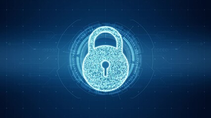 Digital padlock with glowing lines and circuit patterns representing cybersecurity and data protection on a dark blue technology background - Powered by Adobe