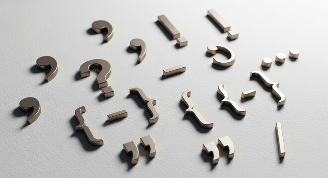 Shining metallic punctuation marks, commas, question marks, braces, and periods scattered on a bright textured surface. These universal grammar symbols emphasize language precision and clear writing.
