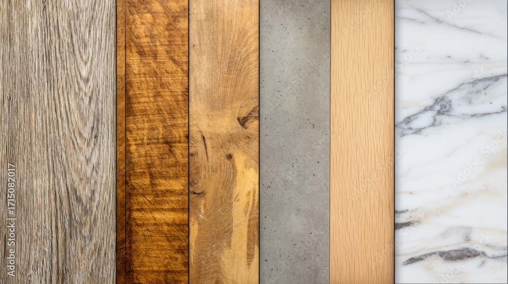 Poster different types of wood and stone surfaces are displayed in a row, showcasing their unique textures 