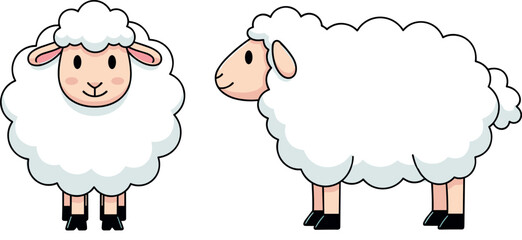 Cute cartoon sheep front and side view vector illustration for kids, farm animals, nursery design, educational and character art
