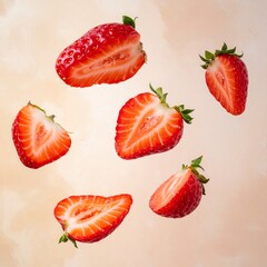 Fresh strawberry slices in mid-air against a pastel background