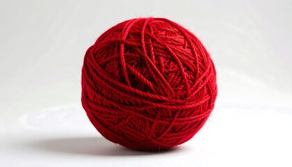 A vibrant red ball of yarn sits on a plain white surface, showcasing its intricate, tangled threads.