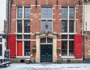A charming winter scene showcases a historic building facade with red shutters and dark doors, nestled in a snowy alleyway.