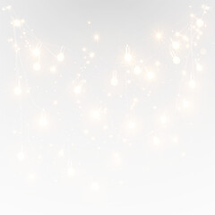 Bright holiday banner with glowing fairy lights and gold garland.