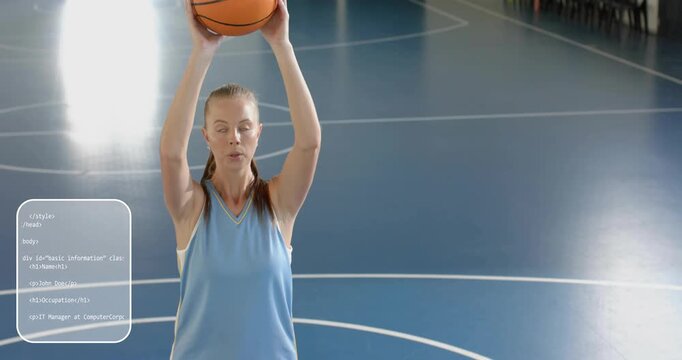 female basketballer stabilizing ball causing tech code overlays cycling shooting training drifting