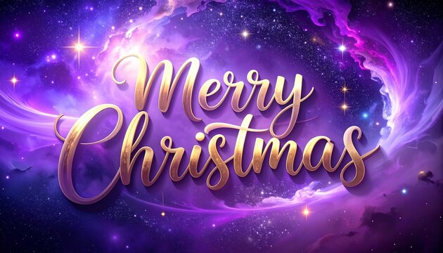 A festive Merry Christmas message, set against a vibrant purple and gold nebula, with a dynamic lettering style.