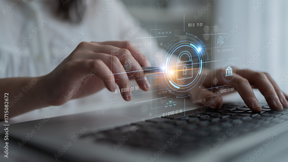 Poster cybersecurity system interface with biometric lock and data protection. cybersecurity protects acces