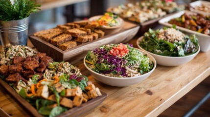 Fototapeta premium Guests can enjoy a vibrant salad buffet filled with an assortment of fresh vegetables, grilled chicken, and various side dishes situated in a relaxed dining environment during the day.