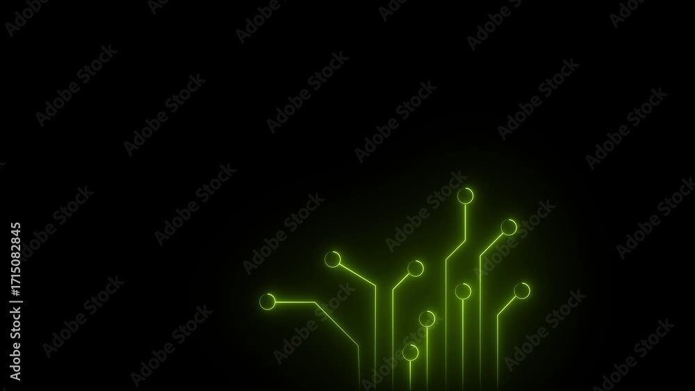 Poster abstract neon green circuit board lines and circles glowing on a dark black background minimalist te