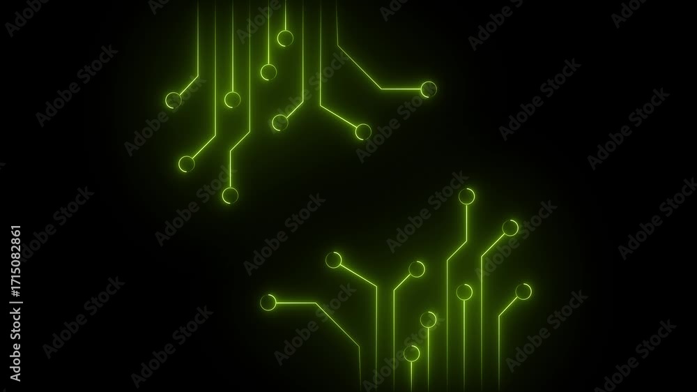 Poster abstract neon green circuit board lines and circles animation on a dark background representing tech
