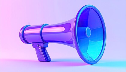 A vibrant purple and blue megaphone, glossy finish, angled, on a pastel background; a 3D render