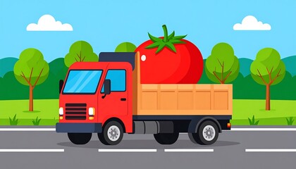 A red pickup truck transports a large tomato across a countryside road.