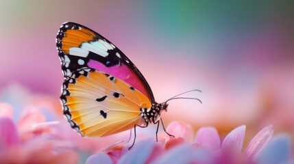 Obraz premium A beautiful butterfly displays its vibrant orange and black wings while resting on bright pink flowers in a blooming garden. The peaceful setting showcases natures colors and life.