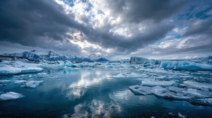 Fototapeta premium A breathtaking glacier lagoon showcases floating icebergs with stunning reflections in calm water, surrounded by towering mountains and dark clouds hinting at twilight.