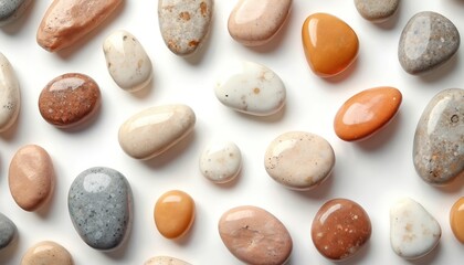 Fototapeta premium Assortment of polished stones in varied colors, shapes laid out on white background. Stones display smooth, natural textures with unique patterns. Collection includes agate, quartz, jasper minerals,