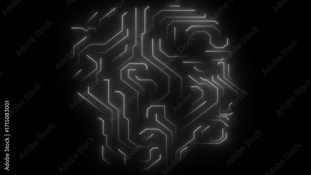 Poster abstract digital representation of a human head formed by glowing white circuit board lines on a bla