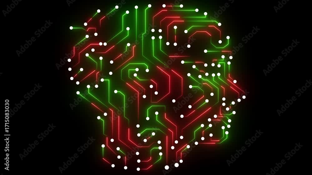 Poster abstract digital brain circuitry animation with glowing red and green neon lines and white nodes on 