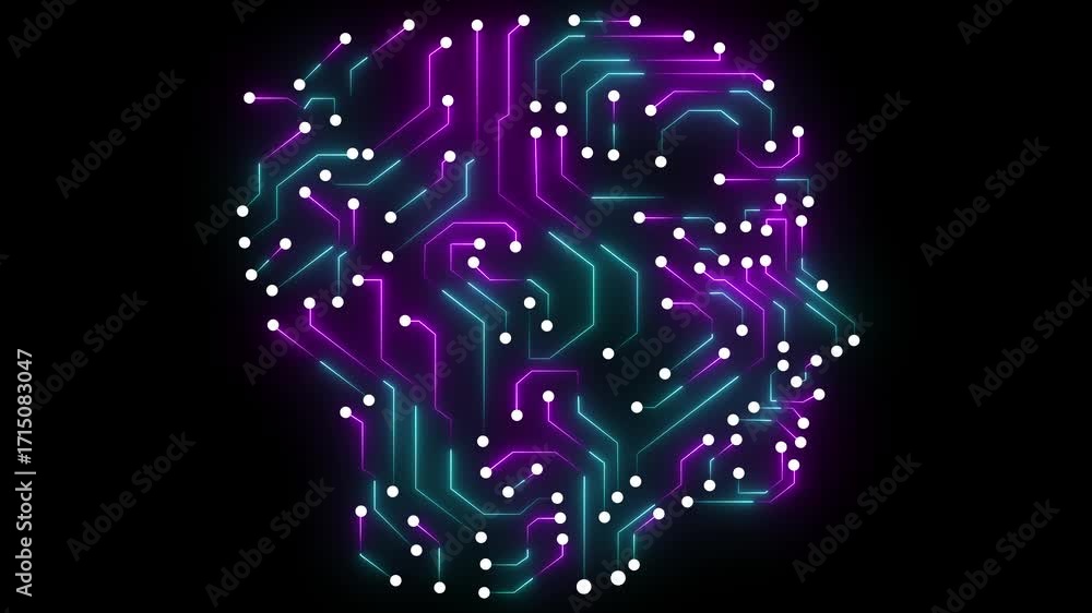 Poster abstract digital brain circuitry with glowing neon lines and nodes on a dark background representing