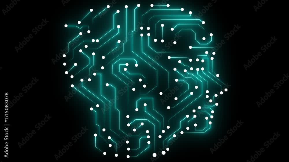 Poster abstract digital brain formed by glowing cyan circuit board lines and white nodes against a dark bac