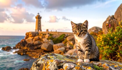Adorable Tabby Kitten on Coastal Rock near Lighthouse at Sunset
