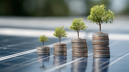 Growing money trees symbolizing investment success and financial growth on solar panels