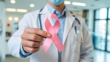 "Doctor Holding Pink Ribbon for Breast Cancer Awareness Campaign Starting 1st October in Medical Setting
