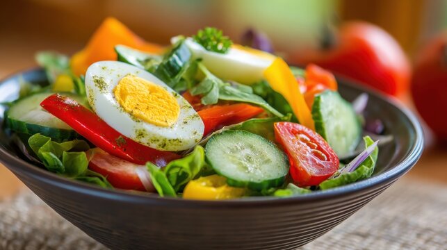 A vibrant salad featuring fresh vegetables like cucumbers, tomatoes, and peppers, topped with slices of boiled egg, sits in a bowl on a rustic wooden table.