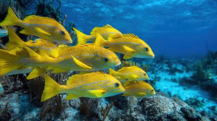 Obraz premium A school of bright yellow fish swims gracefully through crystal clear ocean waters, surrounded by coral and aquatic plants. Sunlight filters down, enhancing the colors.
