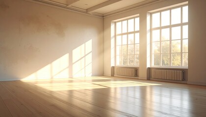 Sunlit empty room with hardwood floors, large windows showing trees, and aged plaster walls