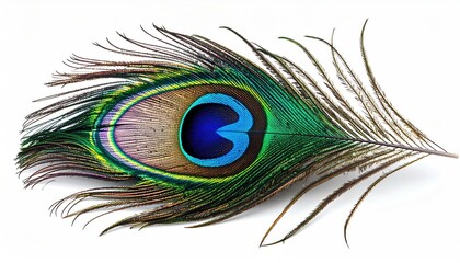A single, vibrant peacock feather, showcasing iridescent greens, blues, and browns in its eye, rests on a stark white background