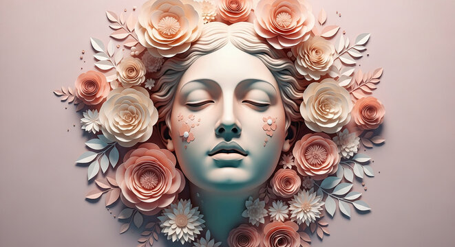 Serene female face sculpture adorned with peach and white paper flowers, creating a calming, elegant design, ideal for beauty or feminine concepts