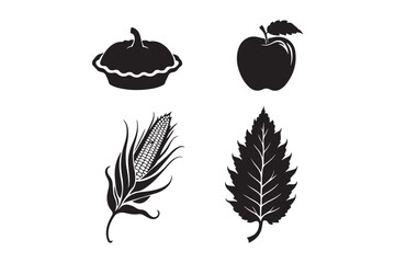Four black silhouette icons representing autumn harvest and nature