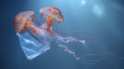 Two jellyfish entangled with plastic bag in ocean depths highlighting environmental pollution crisis