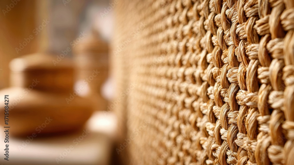 Poster closeup on grasscloth wall covering showcasing natural woven strands in sharp focus with outoffocus 