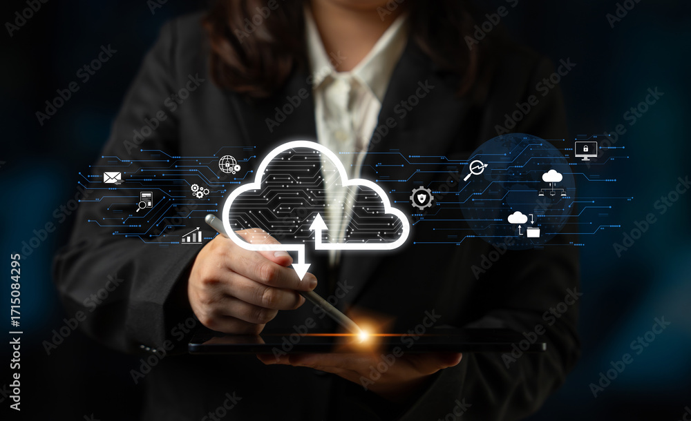 Poster cloud computing enables digital growth with secure data storage, scalable infrastructure, and strate