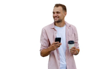 Happy man smiling, holding smartphone and coffee cup, enjoying casual social networking on transparent background