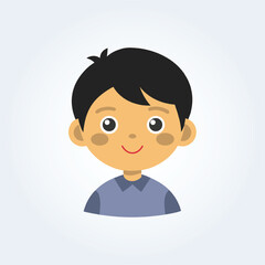 A cartoon character illustration of a boy smiling with a blue shirt