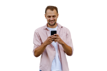 Happy man engaging with smartphone, communicating online, smiling while texting, transparent background