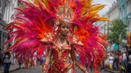 A dancer adorned in a striking red and orange feather costume moves through bustling streets filled with spectators during a lively carnival celebration in the city.
