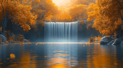 Golden autumn waterfall landscape