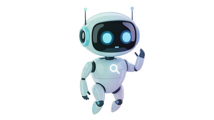 Friendly tech support robot waving hello to new users with a search icon, modern AI assistant