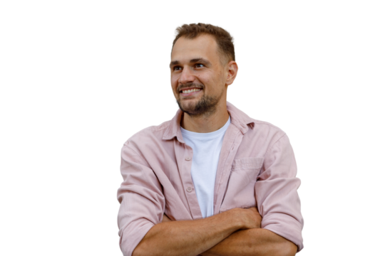 Smiling young man posing with crossed arms, looking sideways, showing happiness and confidence. Transparent background