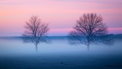 Ethereal Landscape With Two Bare Trees In Misty Fog Amid Soft Pink And Blue Hues