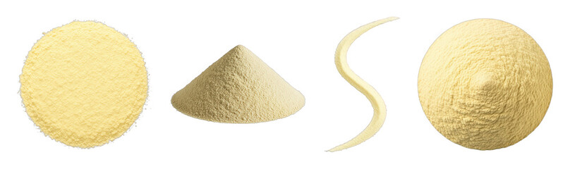 Fine yellow powder set including oval heap, conical pile, and S-shaped trail isolated. Baking and cooking ingredient.