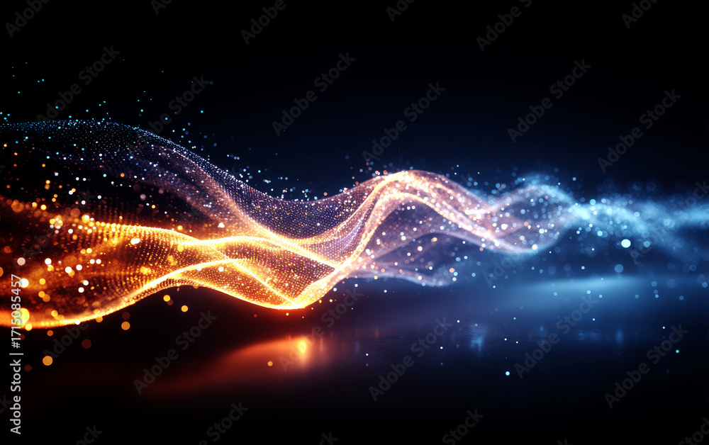 Poster dynamic glowing waves of light with vibrant colors and particle effects