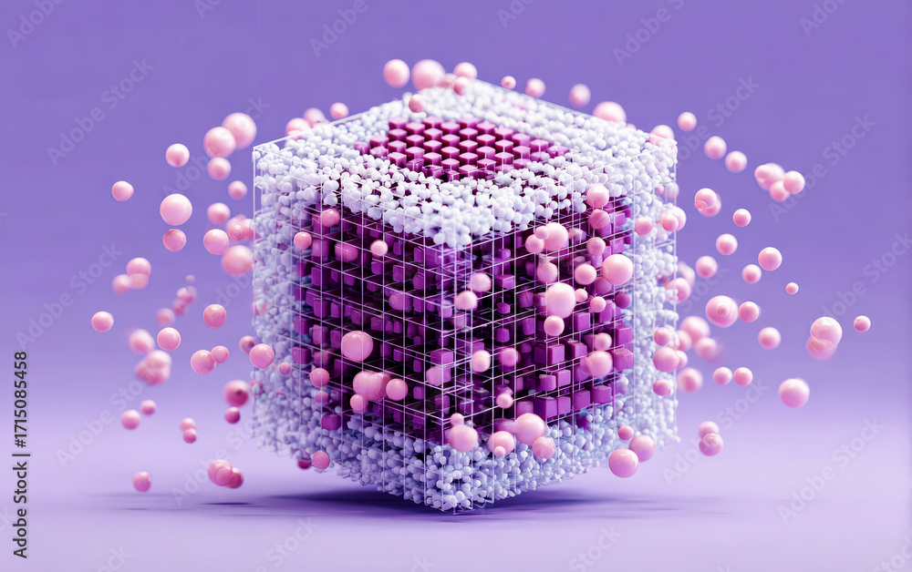 Aufkleber 3d rendered abstract cubic structure with floating spheres